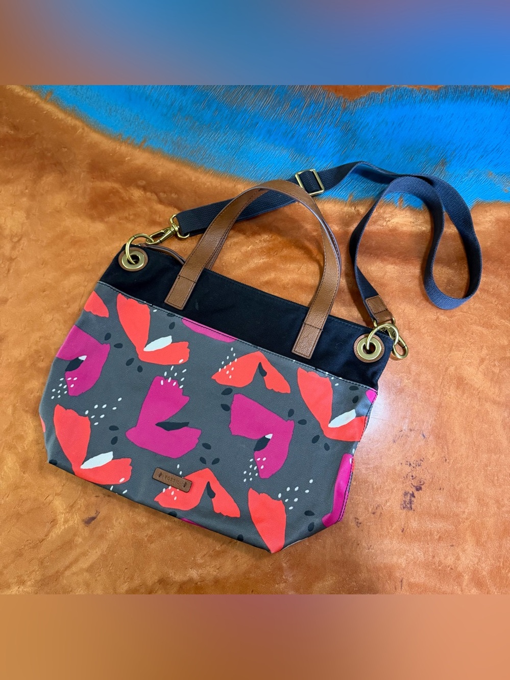 Fossil Floral Print Tote Gray Pink Red Accents Leather and canvas